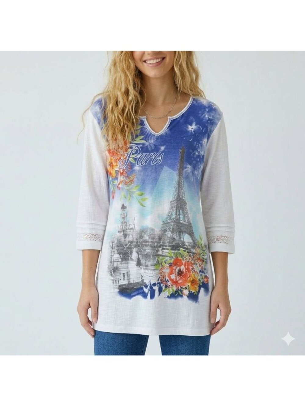 CJ Banks Paris Eiffel Tower Graphic Tunic Top Size 3X 100% Cotton Blue White